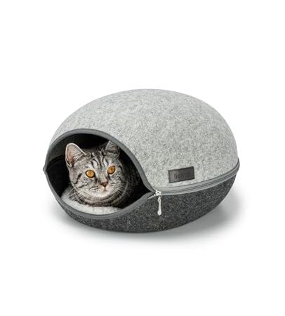 lionto Katzenhöhle aus robustem Filz, gemütliche Kuschelhöhle mit Reißverschluss für Katzen, 46x38x24 cm, Komfortables und modernes Katzenbett mit weichem und waschbarem Kissen, grau