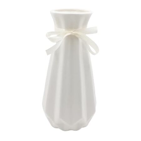 Vase Weiß 20cm Hoch Glasur, Blumenvasen Modern aus Keramik mit Farbband, Deko Vasen für Pampasgras, Geometrische Vase für Home Wohnzimmer Esstisch Büro Dekor