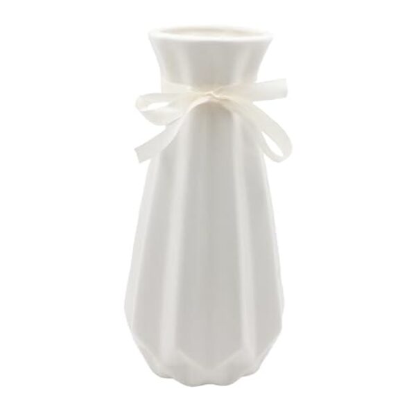 Vase Weiß 20cm Hoch Glasur, Blumenvasen Modern aus Keramik mit Farbband, Deko Vasen für Pampasgras, Geometrische Vase für Home Wohnzimmer Esstisch Büro Dekor