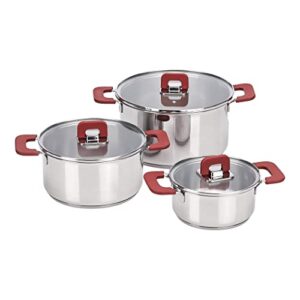 Amazon Basics 3 Stück Kochtopf-Set – Edelstahl, anti-haftend, induktionsgeeignet, mit Deckeln – 16/20/24 cm