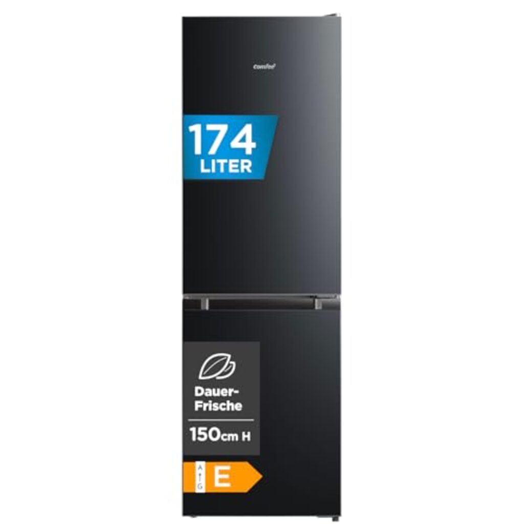 Comfee RCB169DK2(E) Kühl-/Gefrierkombination/150 cm Höhe/Low Frost/Einstellbare Kühlschranktemperatur/LED-Licht/195 kWh/Jahr/115L Kühlteil/59L Gefrierteil/Schwarz