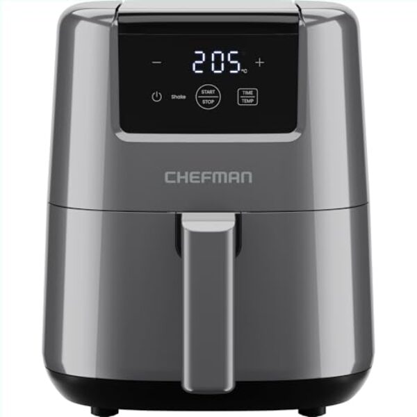 Chefman 2L Mini-Heißluftfritteuse – platzsparende Heissluftfritteuse, antihaftbeschichtet und spülmaschinenfest, schnelle & einfache Mahlzeiten, mit digitalem Timer und Schüttelerinnerung – Grau
