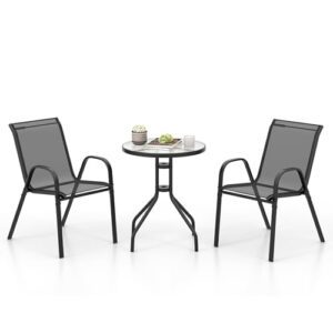 GOPLUS Bistro Set 3 teilig, Ø60cm Bistrotisch mit 2 Stühle stapelbar, Balkonmöbel inkl. Glastisch & Bistrostühle, Gartenmöbel Balkonset, Sitzgruppe Outdoor für Garten Balkon Hof Balkon (Schwarz)