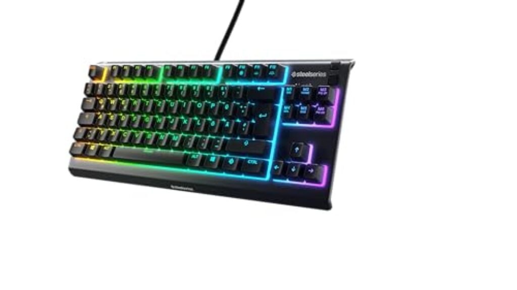 SteelSeries Apex 3 TKL Gaming Tastatur – RGB – Kompakter Tenkeyless-Formfaktor – 8-Zonen-RGB-Beleuchtung – Wasser- und Staubresistenz – Flüsterleise Gaming-Switches – DE Layout QWERTZ – Schwarz