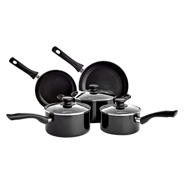 Amazon Basics 5-teiliges Kochgeschirr-Set mit Antihaftbeshichtung – induktionsgeeignet, mit Deckeln, Schwarz