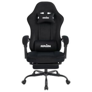 SUKIDA Gaming Stuhl Stoff, Ergonomischer Gaming Chair mit Fußstütze, Verstellbarer Racing Computerstuhl mit Lordosenstütze, Schwarz Ergonomisch PC-Stuhl