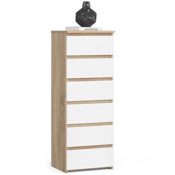 AKORD Kommode CL6 40 cm | 6 Schubladen | Schrank | für das Wohnzimmer | für das Schlafzimmer | B40 x H109 x T35 cm | Gewicht 25,5 kg | Sonoma Eiche/Weiß