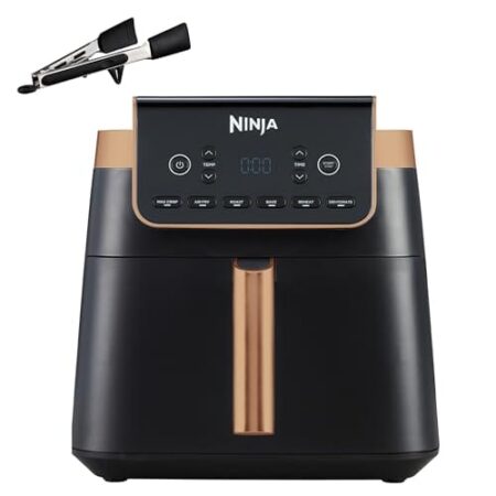 Ninja Heißluftfritteuse MAX PRO, 6,2 L, ölfrei, große Schublade, Rösten, Backen, Air Fry, Antihaftbeschichtet, Spülmaschinenfester Korb & Crisper Gittereinsatz, Silikonzange, Schwarz/Kupfer, AF180EUCP