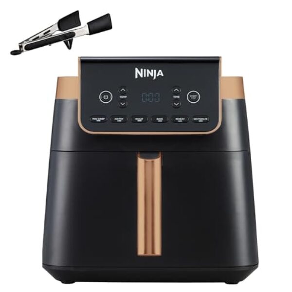 Ninja Heißluftfritteuse MAX PRO, 6,2 L, ölfrei, große Schublade, Rösten, Backen, Air Fry, Antihaftbeschichtet, Spülmaschinenfester Korb & Crisper Gittereinsatz, Silikonzange, Schwarz/Kupfer, AF180EUCP
