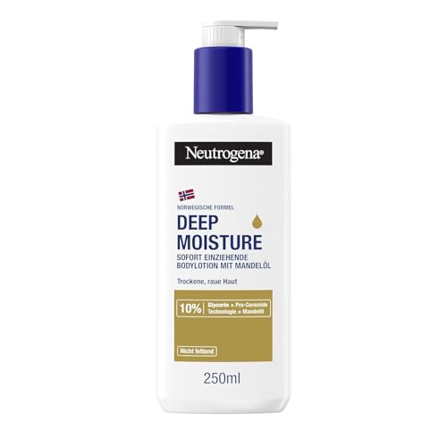 Neutrogena Deep Moisture Bodylotion mit Mandelöl, sofort einziehende Körperlotion für 72h intensive Feuchtigkeit, nicht fettende Hautpflege Lotion mit Pro-Ceramide Technologie für trockene Haut 250 ml