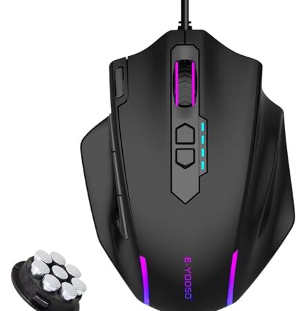 E-Yooso Kabelgebundene Große Gaming Maus, Große Gamer-Maus mit Schnellfeuertaste, 5 Seitentasten, 12400 DPI, 5 Beleuchtungsmodi, 11 programmierbare Makrotasten, einstellbare Gewichte