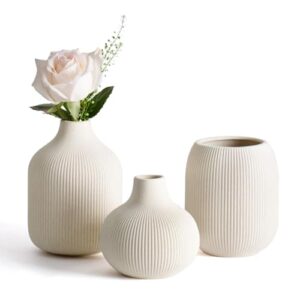 Dnnnii Kleines Keramikvasen-Set 3-TLG Beige – Minimalistische Vasen mit Rillendesign, kompakte Übergangsdekoration für Wohnzimmer, Schlafzimmer, Büro (3-TLG Beige Keramikset)