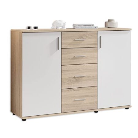 Stella Trading BOBBY Kommode in Eiche Sonoma Optik, weiß – Modernes Sideboard mit viel Stauraum für Ihren Wohnbereich – 120 x 82 x 35 cm (B/H/T)