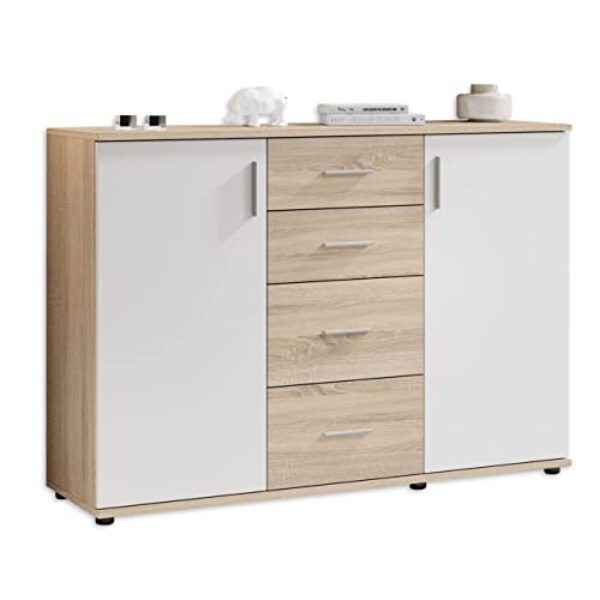 Stella Trading BOBBY Kommode in Eiche Sonoma Optik, weiß – Modernes Sideboard mit viel Stauraum für Ihren Wohnbereich – 120 x 82 x 35 cm (B/H/T)