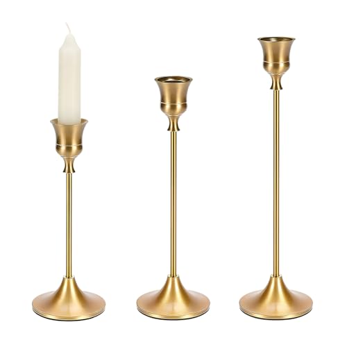 Luxvara Kerzenständer Stabkerzenhalter 3er Set, Metall Kerzenhalter Stab, Vintage Dekorativer Kerzenhalter, Kerzenleuchter Candle Holder für Party Hochzeit Deko Wohnkultur, 23/20/17 cm (Gold)