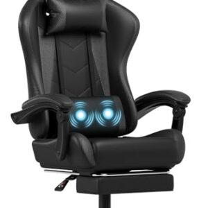 Devoko Ergonomischer Gaming Stuhl mit Massagefunktion und ausziehbarer Fußstütze, verstellbare Rückenlehne 90-135°, Komfortabler Bürostuhl für Home Office, Computersessel 150kg Belastbarkeit, Schwarz