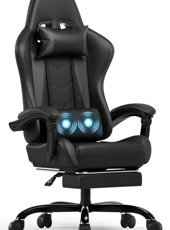 Devoko Ergonomischer Gaming Stuhl mit Massagefunktion und ausziehbarer Fußstütze, verstellbare Rückenlehne 90-135°, Komfortabler Bürostuhl für Home Office, Computersessel 150kg Belastbarkeit, Schwarz