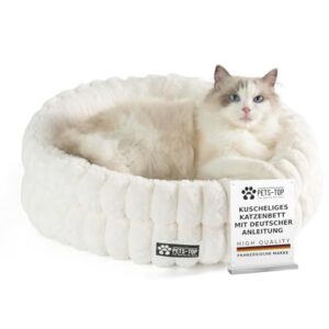 One PETS-TOP Katzenbett Flauschig – Katzenkissen Rund Weich – Cat Bed Waschbar – Schlafplatz für Katze & Kleine Hunde – rutschfest (Weiß, 50cm)