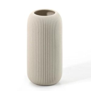 Moderne Keramik Vase, Weiß, Gerippt, Zylindrische Form (Beige)