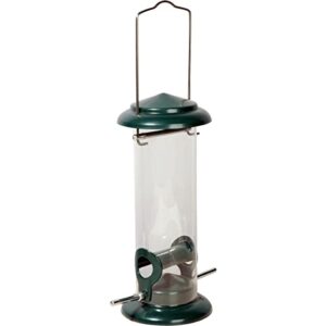 dobar® 11516 Kompakte Vogelfuttersäule mit Anflugstangen – Wildvogelfutterspender für Sämereien – Vogelfutterstation Metall – Futterspender in Garten/Terrasse/Balkon – Ø 9,5 x 23 cm – Grün