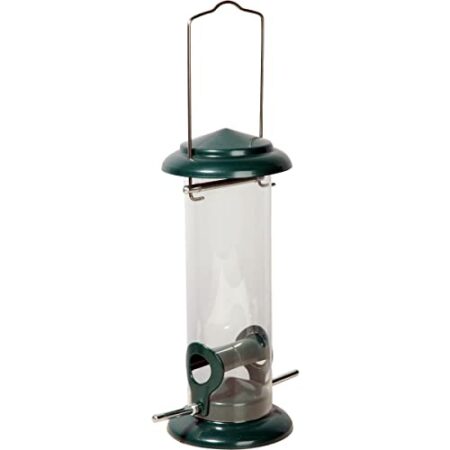 dobar® 11516 Kompakte Vogelfuttersäule mit Anflugstangen - Wildvogelfutterspender für Sämereien - Vogelfutterstation Metall - Futterspender in Garten/Terrasse/Balkon - Ø 9,5 x 2...