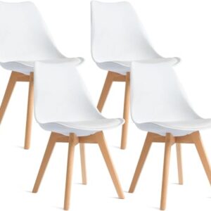 CangLong 4 Esszimmerstühle mit Beinen aus massivem Buchenholz, Modernes Retro-Design der Jahrhundertmitte, Polsterstühle für Küche, Esszimmer und Wohnzimmer, Weiß