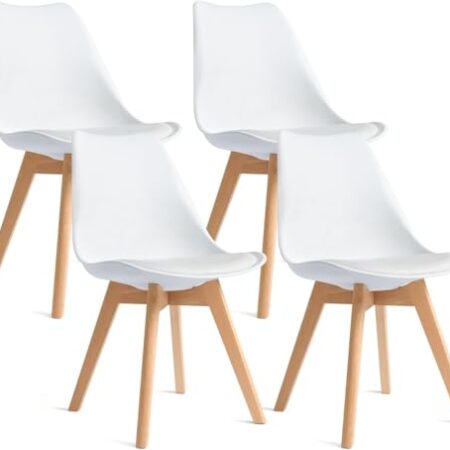 CangLong 4 Esszimmerstühle mit Beinen aus massivem Buchenholz, Modernes Retro-Design der Jahrhundertmitte, Polsterstühle für Küche, Esszimmer und Wohnzimmer, Weiß