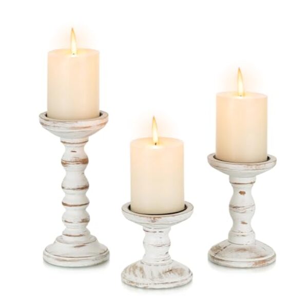 Candeldo Kerzenständer Holz Vintage Deko: 3 Stück Kerzenhalter Stumpenkerzen Wohnzimmer Tischdeko Groß Kerzenständer Dekoration Esstisch Weihnachten (braun + weiß)