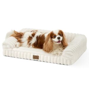 COZY KISS Orthopädisches Hundebett für Mittelgroße Hunde 76x50x15cm – Hundesofa mit Weichem Kunstfell & Cordbezug, Eierförmiger Kistenschaum, Ergonomischer Hundekorb, Abnehmbar & Waschbar, Creme