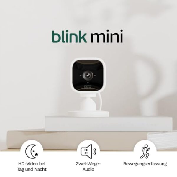 Blink Mini – Kompakte, smarte Plug-in-Überwachungskamera für innen, 1080p-HD-Video, Nachtsicht, Zwei-Wege-Audio, Bewegungserfassung; einfache Einrichtung, funktioniert mit Alexa – 1 Kamera (weiß)
