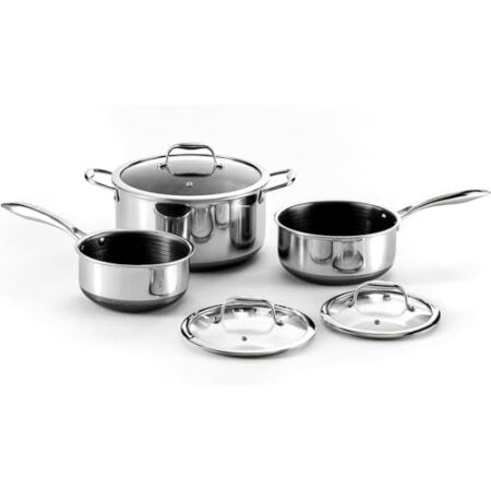 Hexclad hybrid antihaft 6-teiliges Topf-Set, 2, 3 und 8-Liter-Töpfe mit gehärteten Glasdeckeln, kühl bleibenden Griffen, Spülmaschinensicher, induktionsgeeignet
