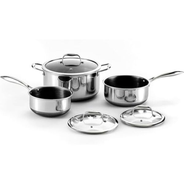 Hexclad hybrid antihaft 6-teiliges Topf-Set, 2, 3 und 8-Liter-Töpfe mit gehärteten Glasdeckeln, kühl bleibenden Griffen, Spülmaschinensicher, induktionsgeeignet