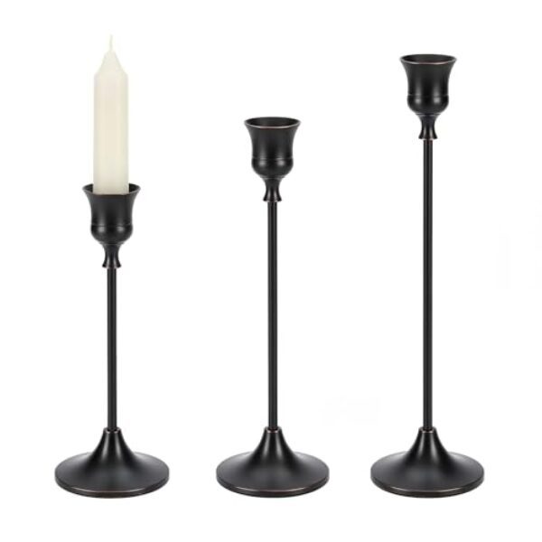 Luxvara Kerzenständer Stabkerzenhalter 3er Set, Metall Kerzenhalter Stab, Vintage Dekorativer Kerzenhalter, Kerzenleuchter Candle Holder für Party Hochzeit Deko Wohnkultur, 23/20/17 cm (Schwarz)