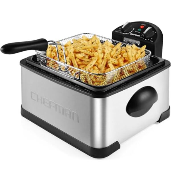 Chefman 4,3 Liter Fritteuse mit Sieb, XL Jumbo Größe, Einstellbare Temperatur & Timer, Perfekt für Frittierte Hähnchen, Garnelen, Chips & Mehr, Abnehmbarer Öl-Behälter, Edelstahl