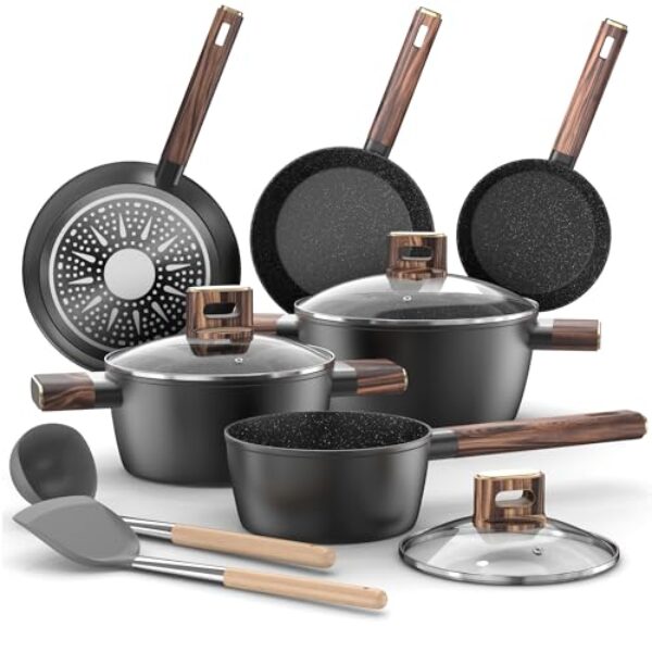 Topfset Pfannenset 11-teiliges – Kochtopf Set Induktion Antihaft-Kochgeschirr Töpfe Set aus Aluminium, Pfanne 20/28cm, Tiefe Bratpfanne 24cm, Kochtöpfe mit Deckel 16/20/24cm, PFOA-, PFOS-frei Topbooc