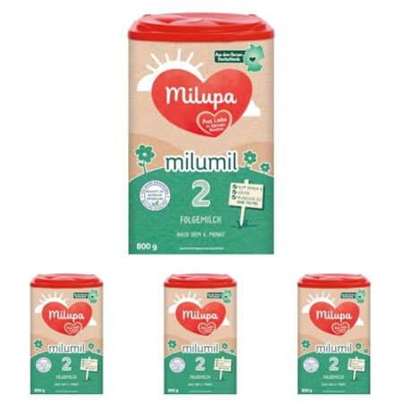 Milupa Milumil 2 – Folgemilch – Baby-Milchpulver – Nach dem 6. Monat – Passender Begleiter zur Beikost mit wichtigen Nährstoffen – Ohne Palmöl – 1 x 800 g (Packung mit 4) - Prod...