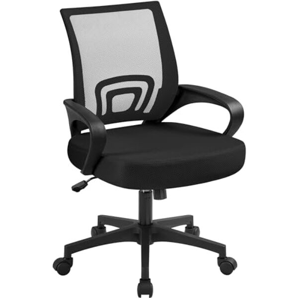 Yaheetech Bürostuhl Ergonomisch, Schreibtischstuhl mit Netzbespannung und Armlehnen, Drehstuhl aus Mesh, Chefsessel Wippfunktion, Höhenverstellbar Rückenschonend bis 136kg Belastbar, Schwarz