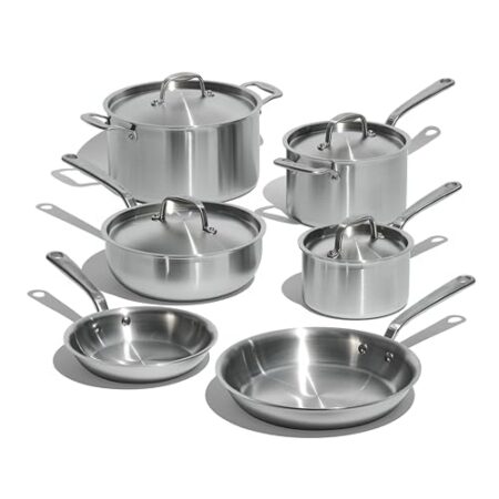 Made in Cookware – 10-teiliges Topf- und Pfannenset aus 5-lagig beschichtetem Edelstahl – Enthält antihaftbeschichtete Bratpfanne, Kochtöpfe und Edelstahlsuppentopf mit Deckel – Hergestellt in Italien