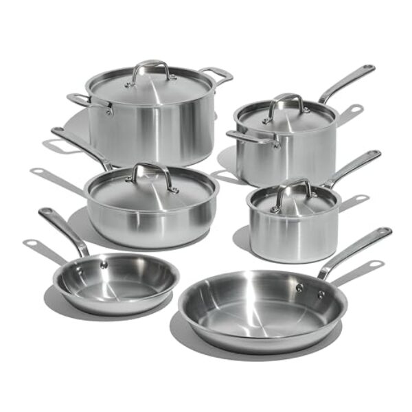 Made in Cookware – 10-teiliges Topf- und Pfannenset aus 5-lagig beschichtetem Edelstahl – Enthält antihaftbeschichtete Bratpfanne, Kochtöpfe und Edelstahlsuppentopf mit Deckel – Hergestellt in Italien