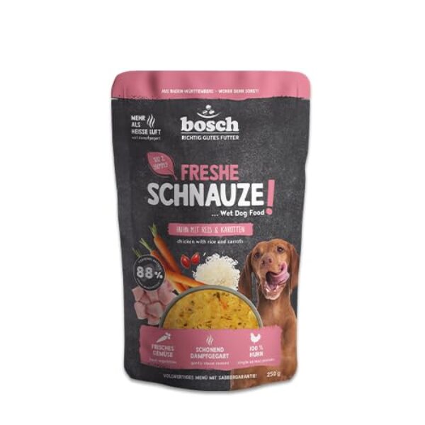 Bosch Freshe Schnauze, Huhn mit Reis und Karotten 1 x 250 g, Schonend Dampfgegartes Nassfutter für Hunde, Vollwertiges Alleinfuttermittel mit hohem Fleischgehalt, 250 g Hundenassfutter