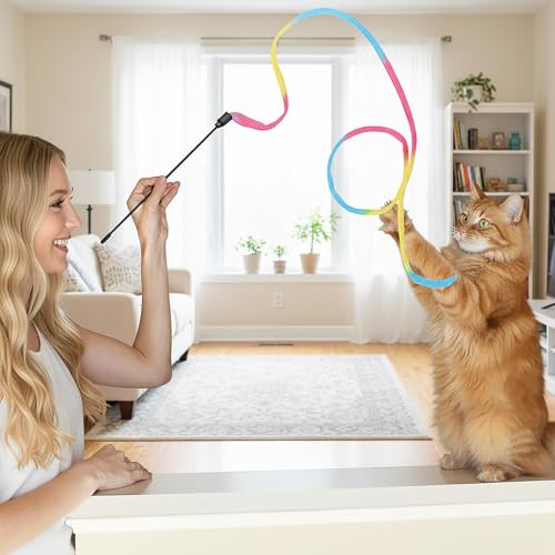 DOPENSPI 3 Stück Katzen Zauberstab, 88cm Katze Wand interaktives Spielzeug Interaktives Katzen Regenbogenstab Schnurspielzeug Interaktiver Zauberstab für Teaser Training Indoor – Bild 6