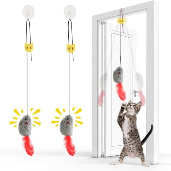FYNIGO 2 Stück Katzenspielzeug Selbstbeschäftigung Hängende Türrahmen Elastische Maus mit Quietschgeräusch, Keine Batterien erforderlich, interaktives Katzenspielzeug Maus mit Federschwanz