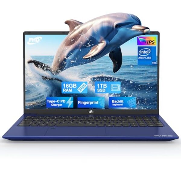 NIMO 15.6″ Laptop FHD Computer: 16GB RAM, 1TB SSD, Win 11 Home, N100, WLAN-Konnektivität, Fingerabdruckleser, 65W PD, Tastatur mit Hintergrundbeleuchtung, 1 Jahr Support, Blau