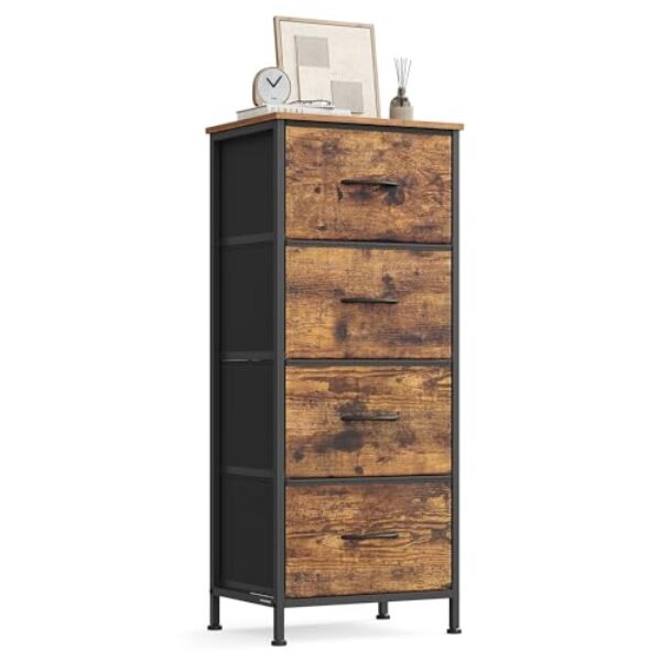 SONGMICS Kommode, Schrank, 4 Stoffschubladen, Aufbewahrungsschrank, Stahl, MDF, Vliesstoff, für Schlafzimmer, Flur, Wohnzimmer, vintagebraun-tintenschwarz LGS314BH04