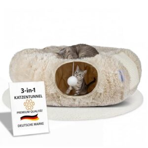 3-in-1 Katzentunnel mit Katzenbett & Kratzflächen | Flexibel nutzbarer Premium Katzentunnel aus weichem Plüsch als Katzenhöhle, Katzenkorb & Katzenspielzeug | Waschbar | Mit Sisal Kratzmatte | BEIGE