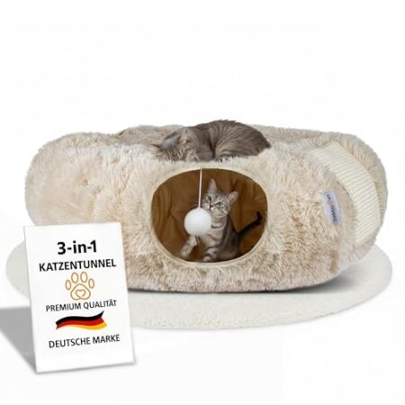3-in-1 Katzentunnel mit Katzenbett & Kratzflächen | Flexibel nutzbarer Premium Katzentunnel aus weichem Plüsch als Katzenhöhle, Katzenkorb & Katzenspielzeug | Waschbar | Mit Sisal Kratzmatte | BEIGE