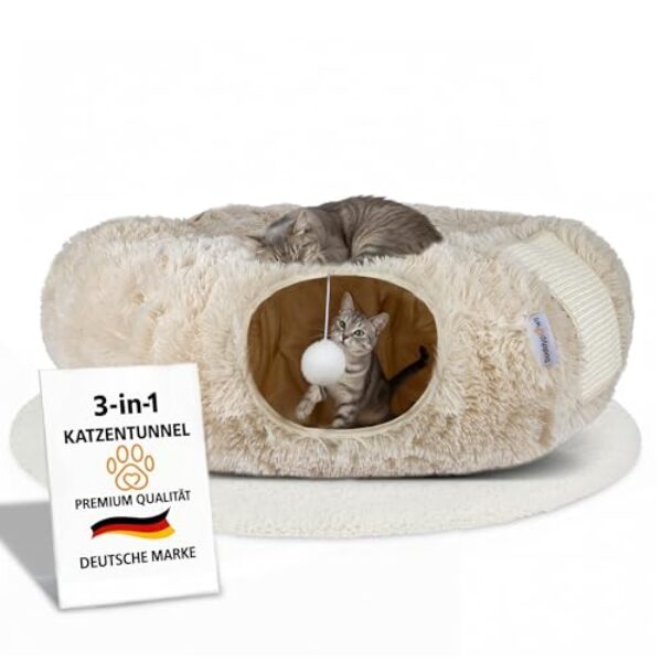 3-in-1 Katzentunnel mit Katzenbett & Kratzflächen | Flexibel nutzbarer Premium Katzentunnel aus weichem Plüsch als Katzenhöhle, Katzenkorb & Katzenspielzeug | Waschbar | Mit Sisal Kratzmatte | BEIGE