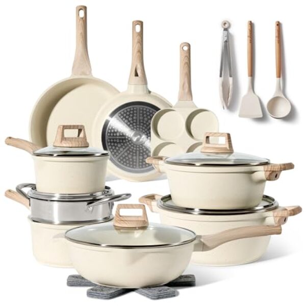 JUST PERFECTO Induktions Töpfe Set – Pfannenset mit deckel – Induktions Töpfe Set – töpfe & pfannen set ohne PTFE und PFOA – Kochgeschirr Topfset induktion (21 pcs Biege)