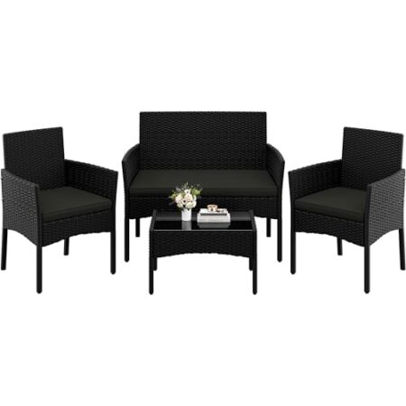 Yaheetech 4-er Gartenmöbel Set Balkonmöbel Set aus Polyrattan Terassenmöbel Außen mit 2er Sofa, 2 Stühle, Tisch & Sitzkissen für Terrasse/Balkon/Garten, Schwarz & Grau - Produkt...