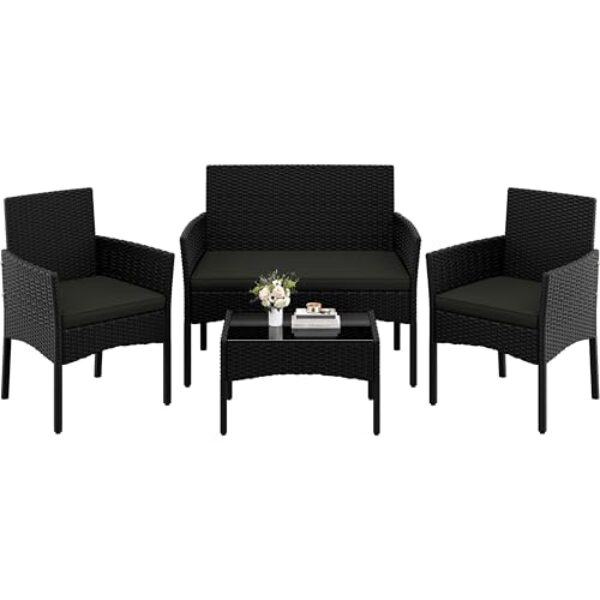 Yaheetech 4-er Gartenmöbel Set Balkonmöbel Set aus Polyrattan Terassenmöbel Außen mit 2er Sofa, 2 Stühle, Tisch & Sitzkissen für Terrasse/Balkon/Garten, Schwarz & Grau